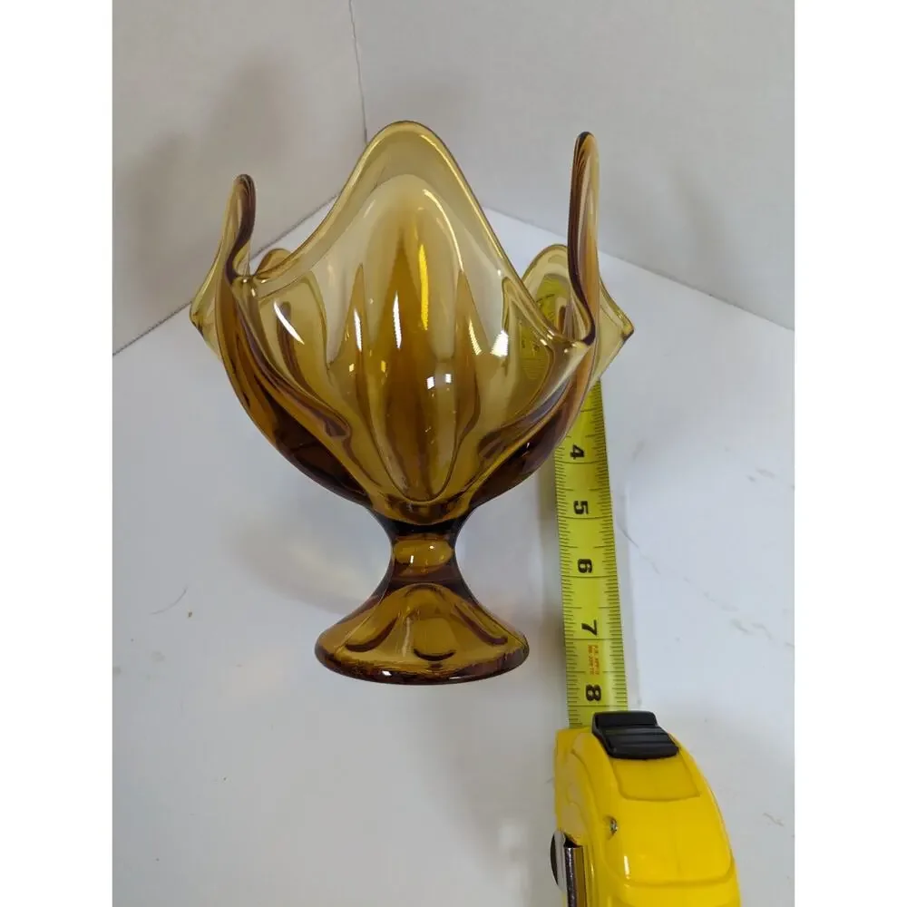Vtg Viking Amber Gold Glass Handkerchief Pedestal 8